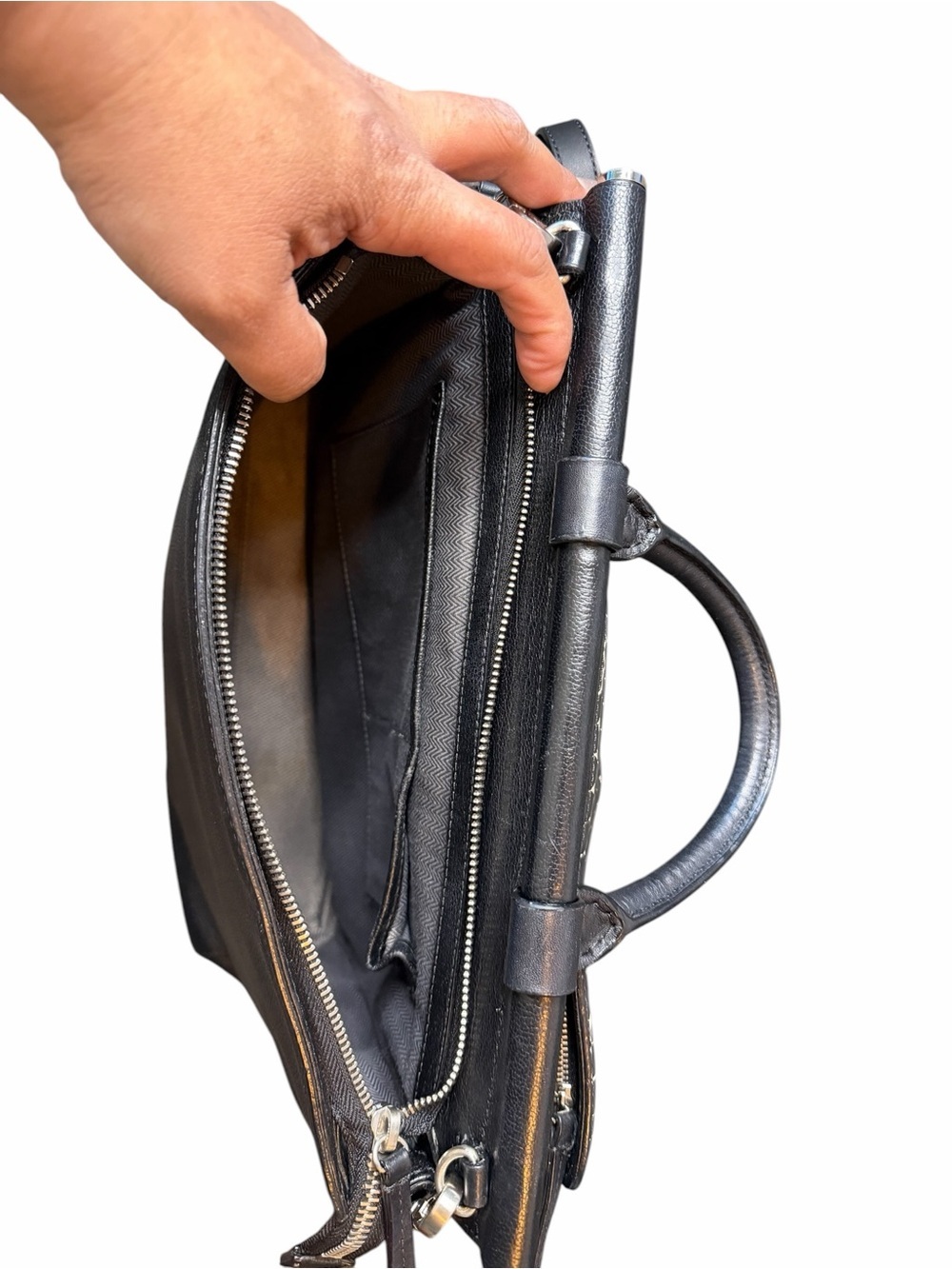 Black Leather Shoulder Bag with Grey Croc-Embossed Flap - Picture 13 of 15